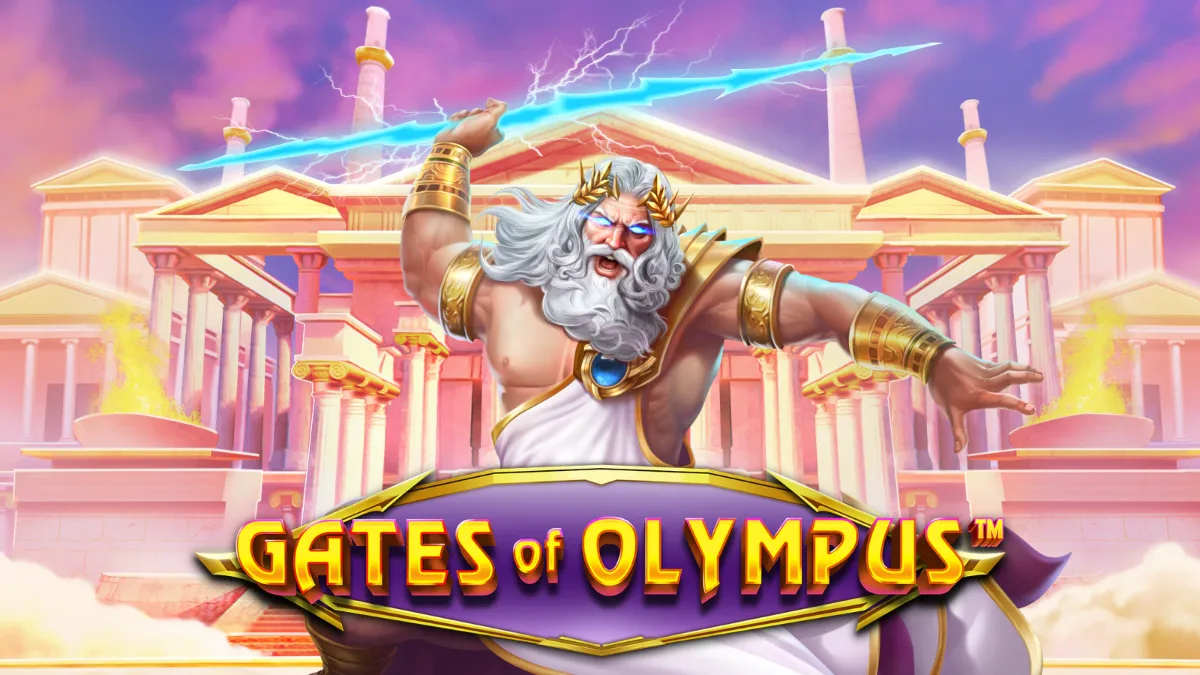 Zeus raising a bolt of lightning in front of his temple on Olympus, above the Gates of Olympus logo